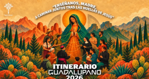 Con alegría y fe, la Diócesis de Saltillo abrió el Itinerario Guadalupano 2026 Ilustración de la Virgen de Guadalupe rodeada de una comunidad, con el título «Itinerario Guadalupano 2026».