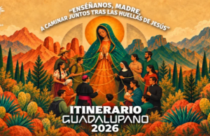 Con alegría y fe, la Diócesis de Saltillo abrió el Itinerario Guadalupano 2026 Ilustración de la Virgen de Guadalupe rodeada de una comunidad, con el título «Itinerario Guadalupano 2026».